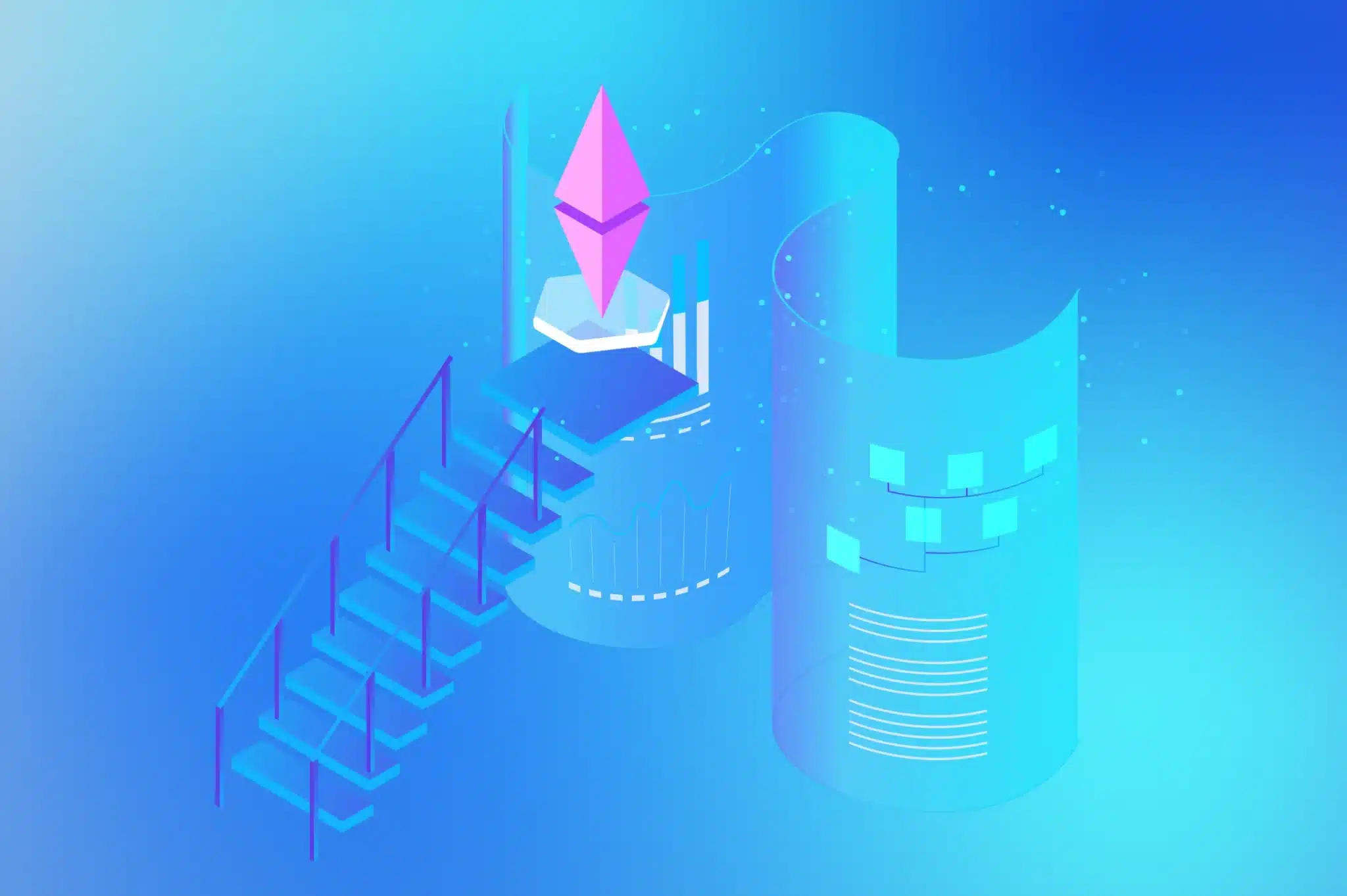 A digital illustration shows a staircase leading to a platform with an Ethereum symbol, surrounded by data charts on a blue gradient background, symbolizing thought leadership in social media strategies.