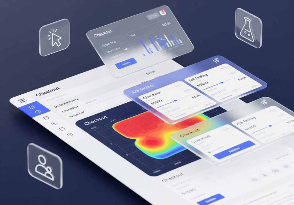 A digital dashboard interface displays analytics, A/B testing data, charts, and heatmaps—ideal for those looking to hire a skilled eCommerce Web Designer in Sydney—complete with floating icons representing essential digital tools and processes.