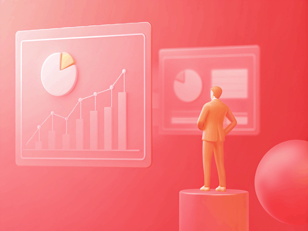 A 3D illustration of a person looking at a digital graph screen displaying a pie chart and a bar chart with upward trends, perfect for an eCommerce Web Designer in Sydney. Hire this style to elevate your online presence, set against a pink gradient background.