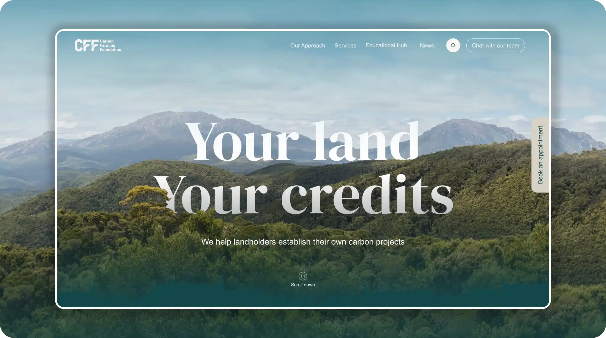 A website homepage displays a forested mountain landscape with the text “Your land, Your credits. We help landholders establish their own carbon projects.” Menu and chat options are visible.
