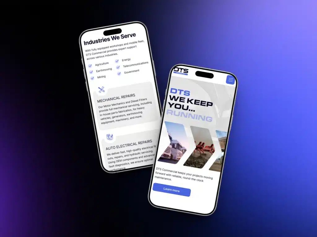 Two smartphones display DTS Commercial's website, highlighting their role as a service center specializing in repairs and maintenance for various industries, with a focus on keeping equipment running.