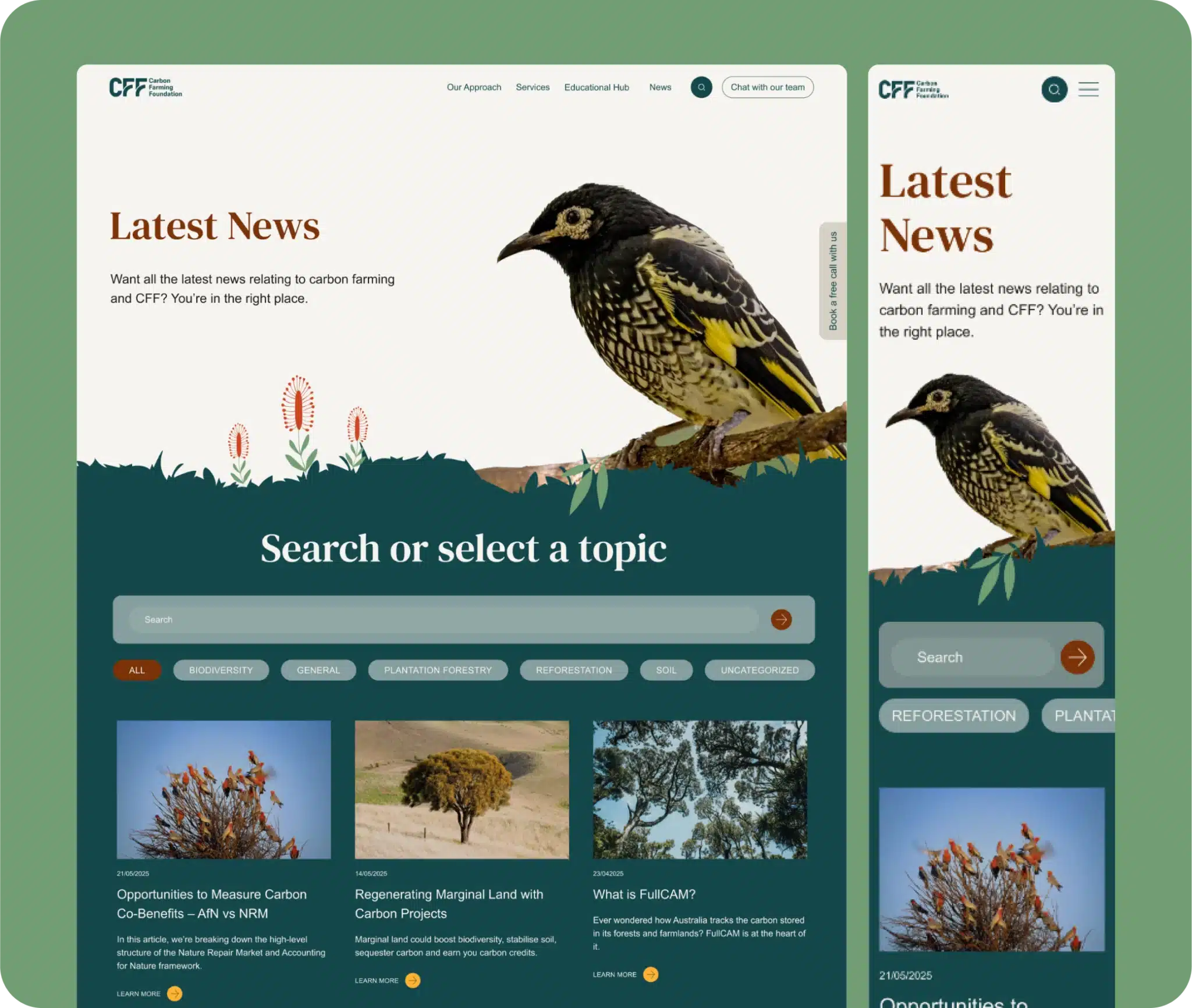 Screenshot of a carbon farming foundation news page, featuring a bird image, search bar, news cards, and intuitive navigation in both desktop and mobile views.