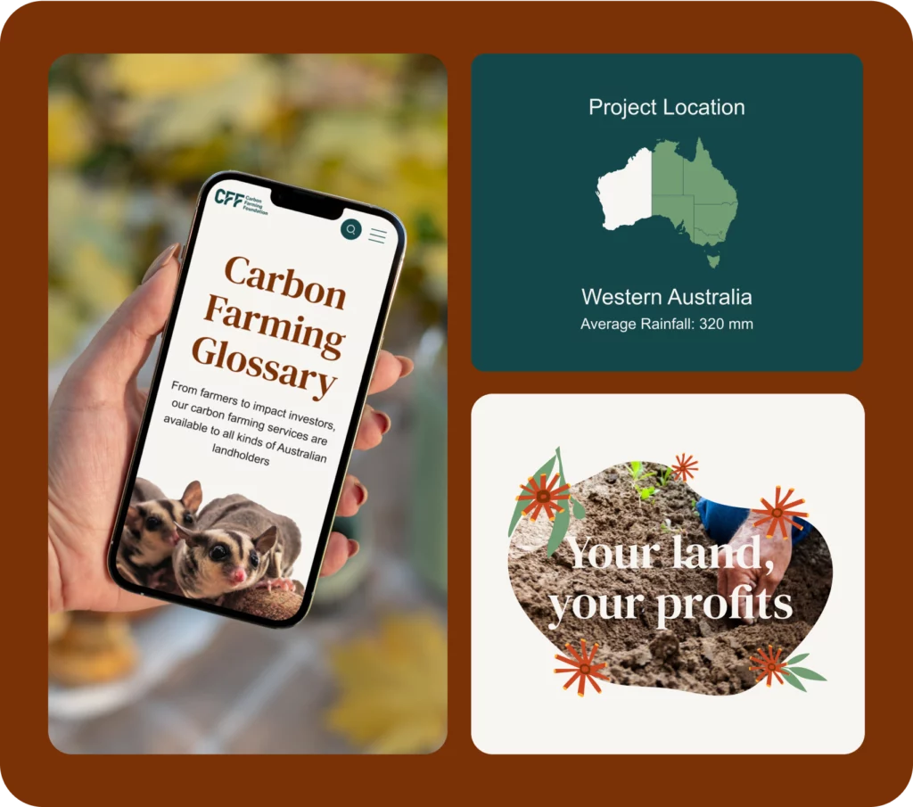A hand holds a smartphone displaying a Carbon Farming glossary, beside graphics of a Western Australia map and a sign reading "Your land, your profits," on soil with grass and flowers, highlighting the Carbon Farming Foundation.