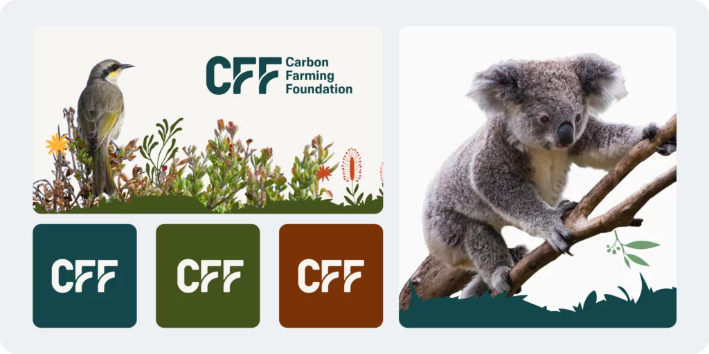 A bird and plants beside the Carbon Farming Foundation logo, a koala on a tree, and three colored CFF logo variations below.