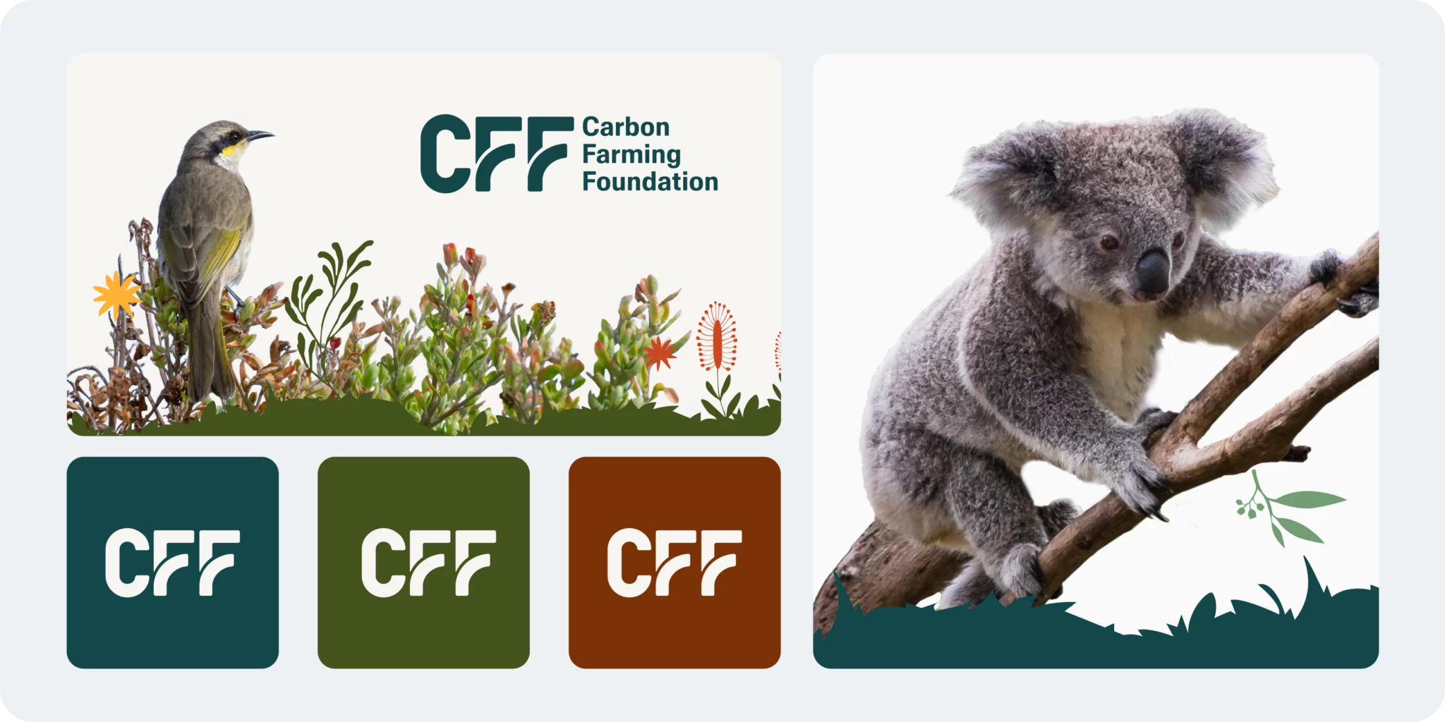 A bird and plants beside the Carbon Farming Foundation logo, a koala on a tree, and three colored CFF logo variations below.