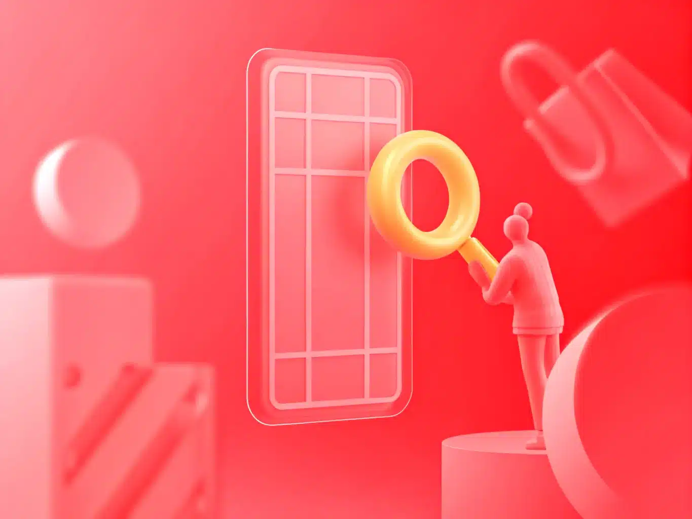 A 3D figure holds a large magnifying glass up to a transparent smartphone screen, with abstract geometric shapes and a padlock in the background, all in red tones—a perfect visual for those looking to hire an eCommerce web designer in Sydney.