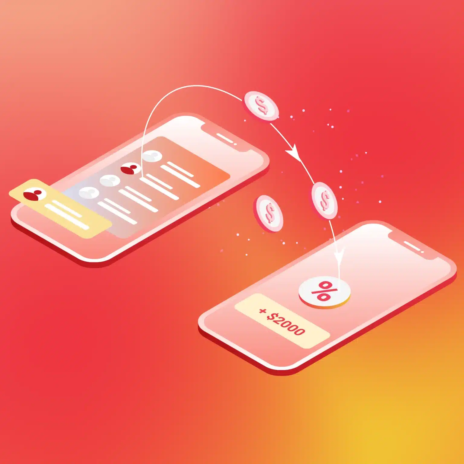 Illustration of two smartphones transferring money, with coins and a percentage icon, on a red gradient background—capturing digital attention as one phone displays a balance of over $2000.