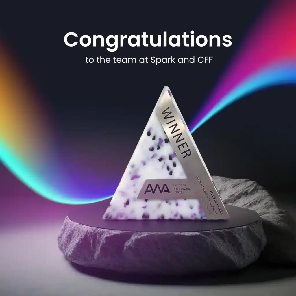 A triangular award trophy labeled "WINNER" and "AMA" sits on a stone base, with text above reading "Congratulations to the Spark Interact team for their Australian Web Award.