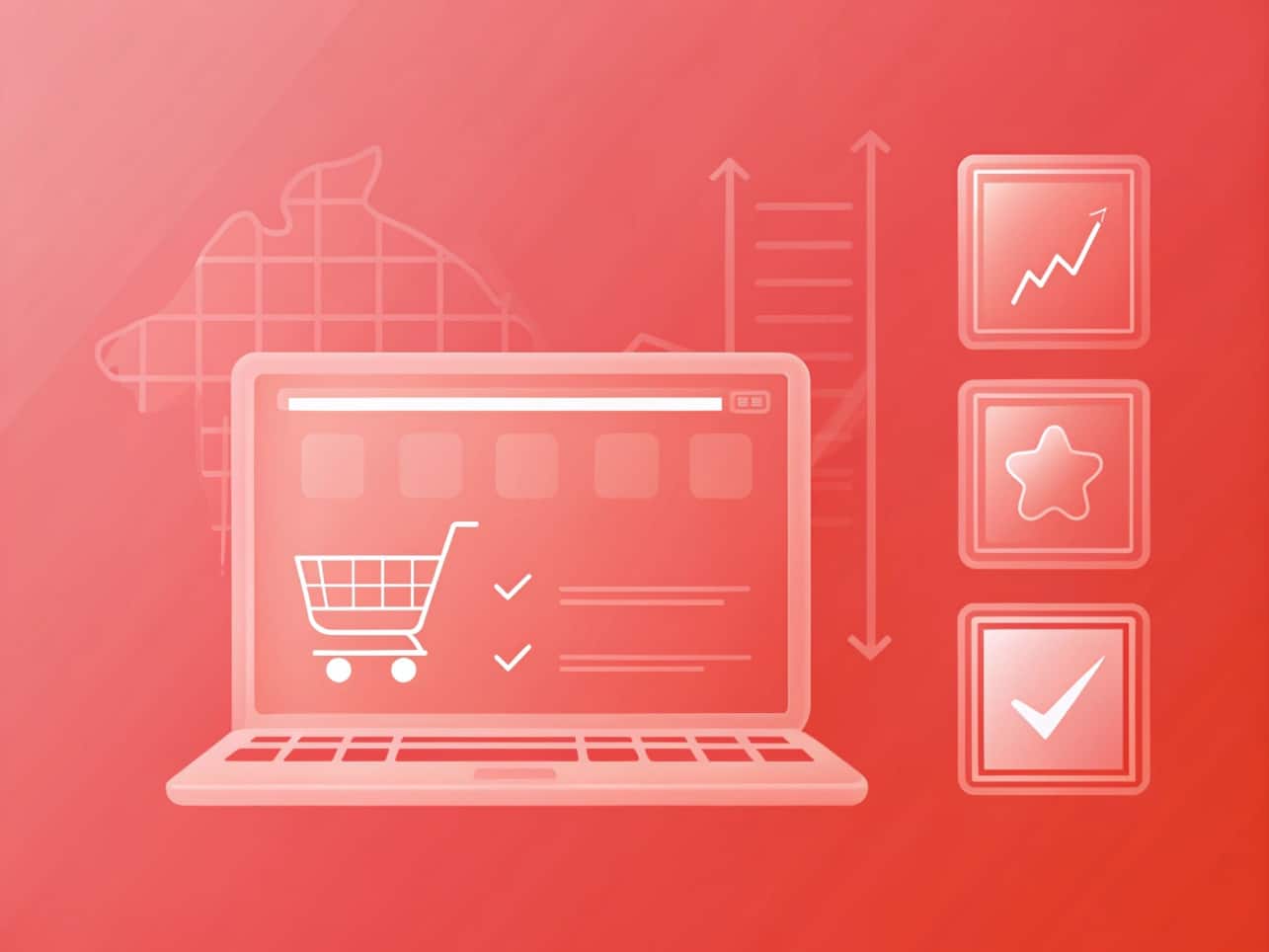 An illustration of a laptop displaying a shopping cart icon—symbolizing custom ecommerce development—for Australian business, with growth, star, and checkmark ecommerce signs to the right, set against a red background with abstract data graphics.