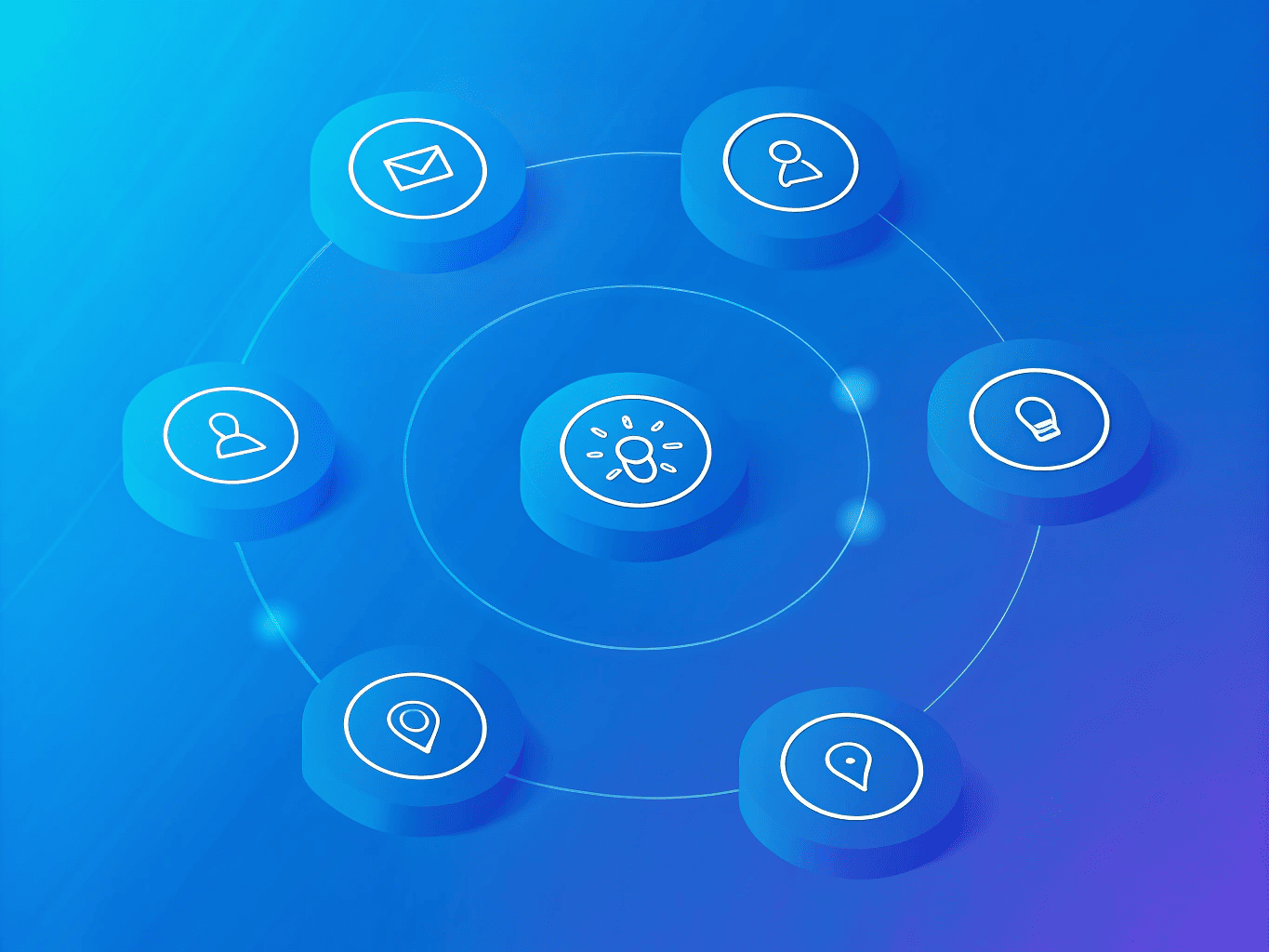 A central icon surrounded by six circular icons with line art symbols, like a light bulb and envelope, represents integrated marketing communication, all connected by rings on a blue gradient background.