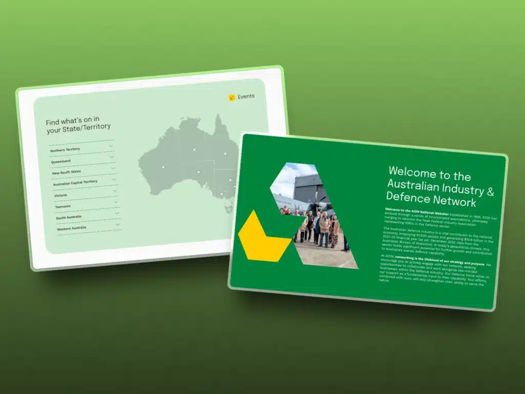 Two green event information cards displayed on a gradient background, featuring a map of Australia and a welcome message for AIDN, Australia's Defence Network.