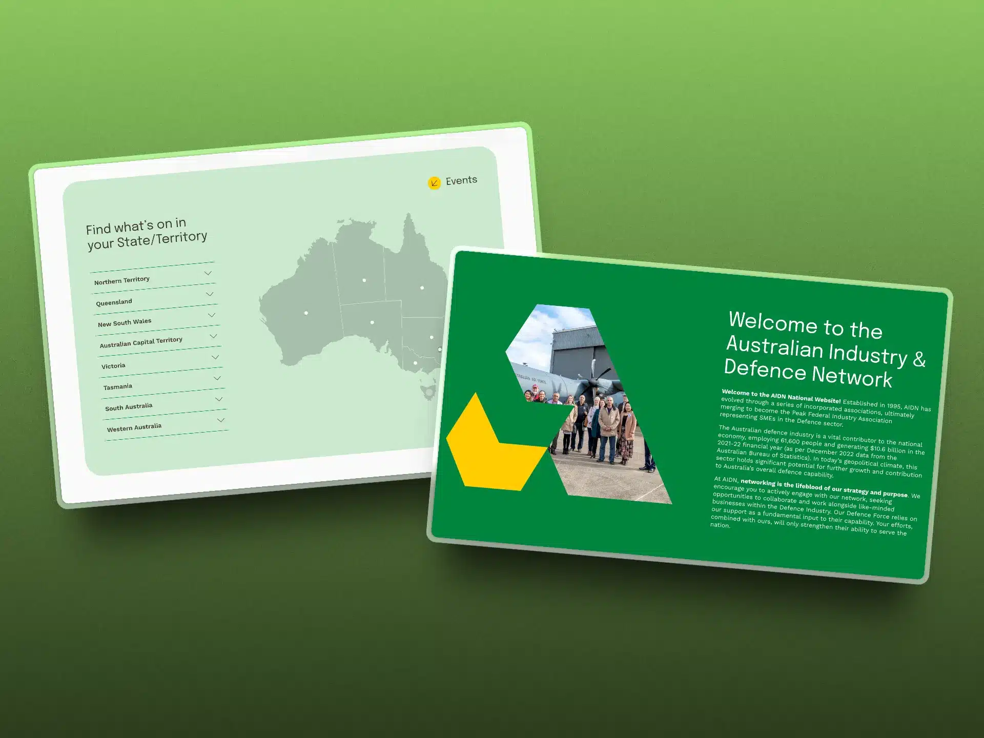 Two green event information cards displayed on a gradient background, featuring a map of Australia and a welcome message for AIDN, Australia's Defence Network.