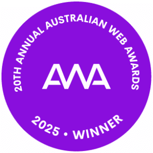 A purple badge reads "20th Annual Australian Web Awards," "AWA," and "2025 Winner" in white text—celebrating outstanding Landing Page achievements.