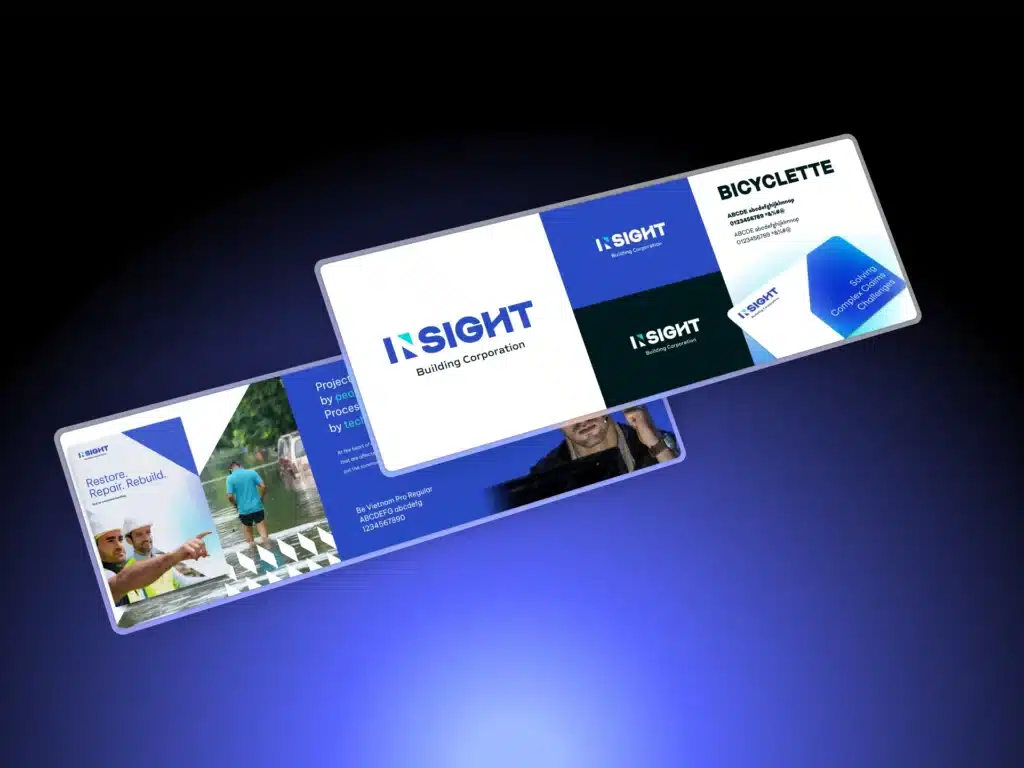 Two digital slides showcase Insight Building Corporation as a leading industry player—one highlights a construction scene, while the other features text with blue and white geometric graphics, building trust through strong branding.