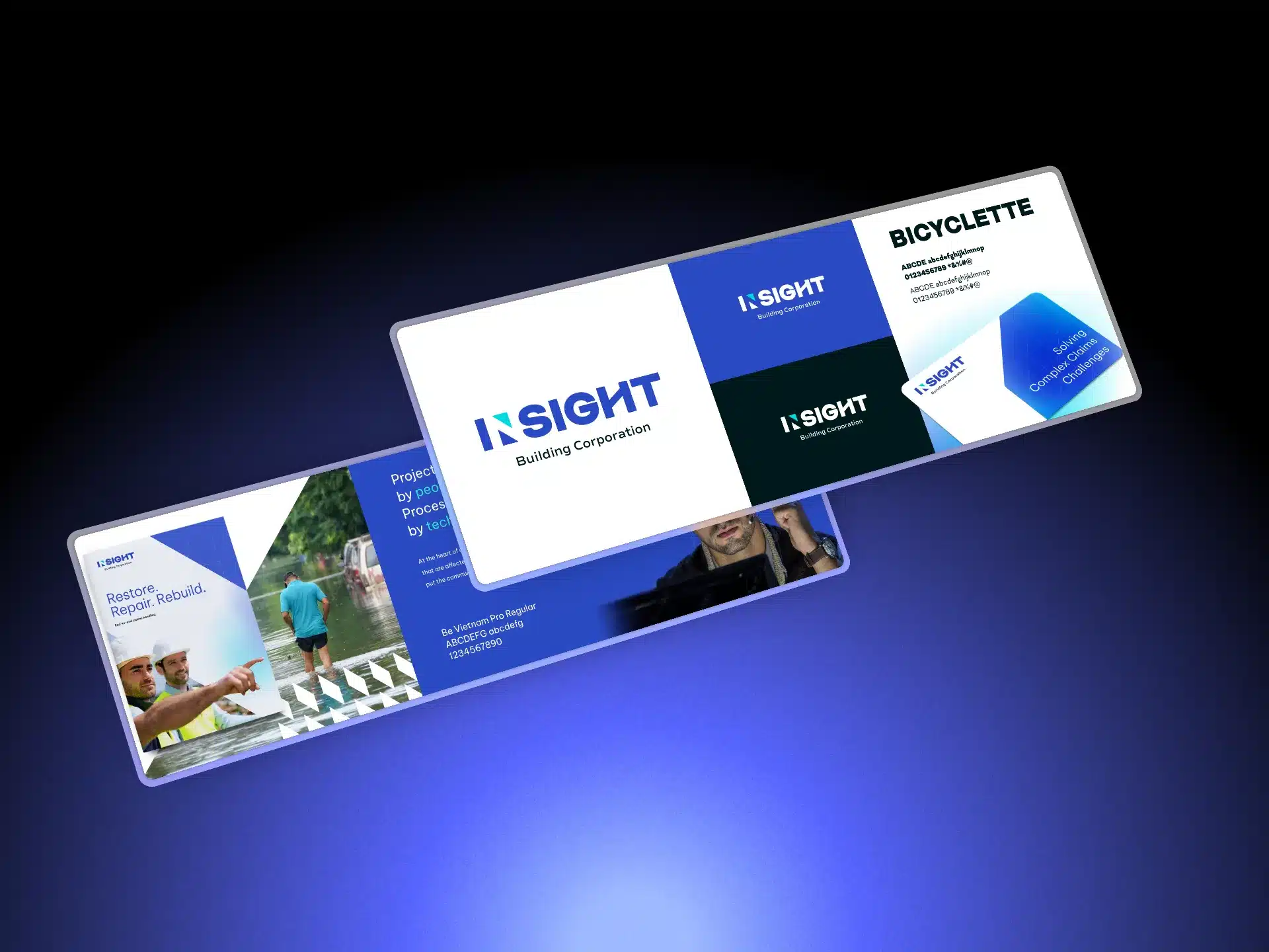 Two digital slides showcase Insight Building Corporation as a leading industry player—one highlights a construction scene, while the other features text with blue and white geometric graphics, building trust through strong branding.