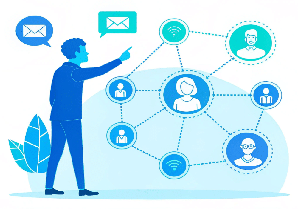 A person points at a network diagram connecting user icons and Wi-Fi symbols, illustrating digital communication and connectivity through essential tools used in integrated marketing communication.