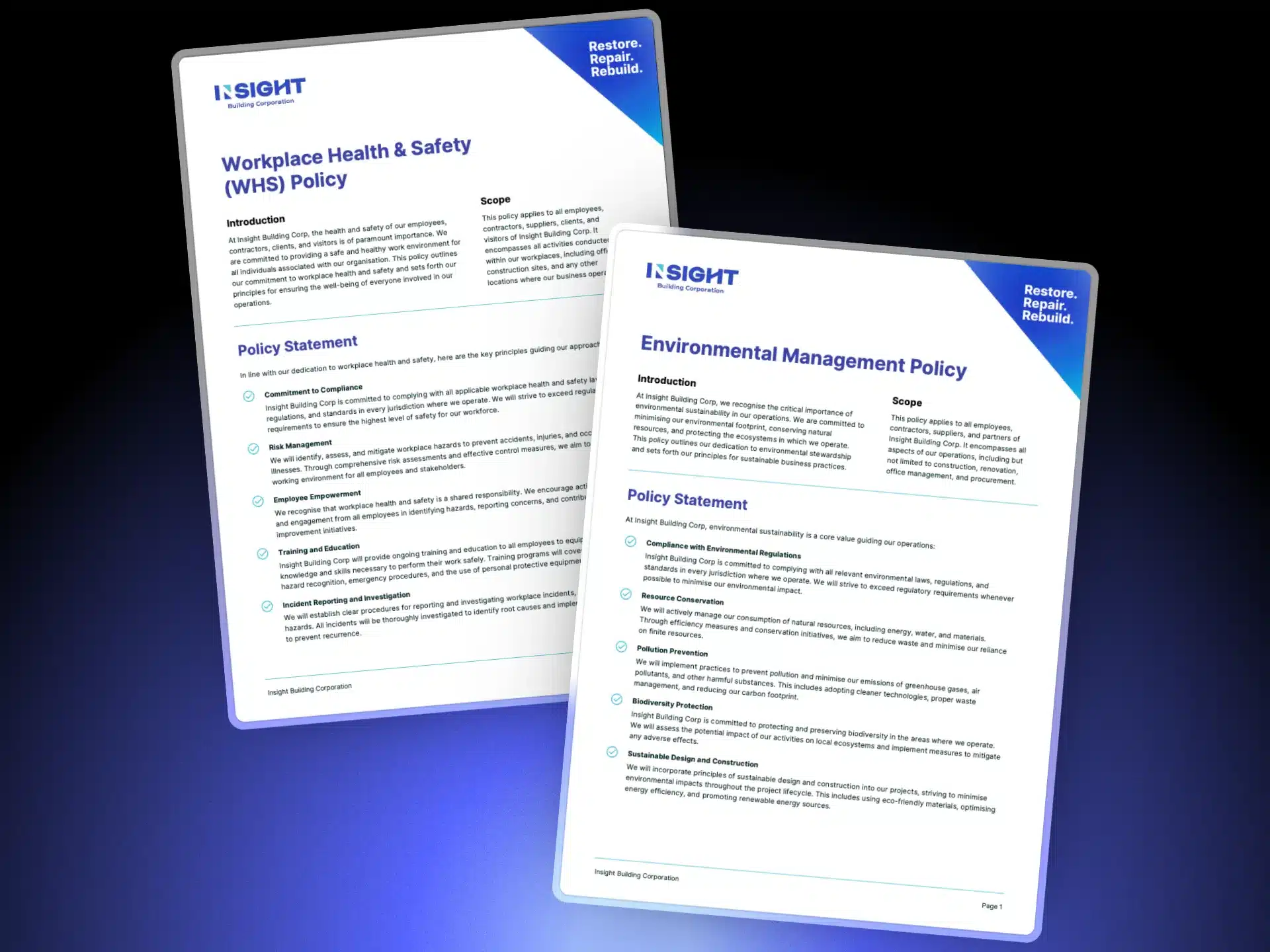 Two policy documents titled "Workplace Health & Safety (WHS) Policy" and "Environmental Management Policy," featuring the Insight Building Corporation logo, are displayed on a blue gradient background, highlighting building trust as an industry player.