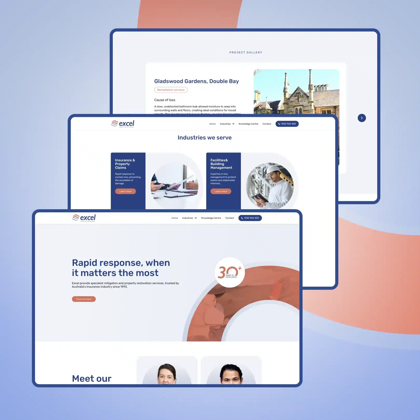 Three website mockup screens overlap, displaying business-themed web pages with logos, photos, text blocks, and blue navigation bars on a blue and orange gradient background.