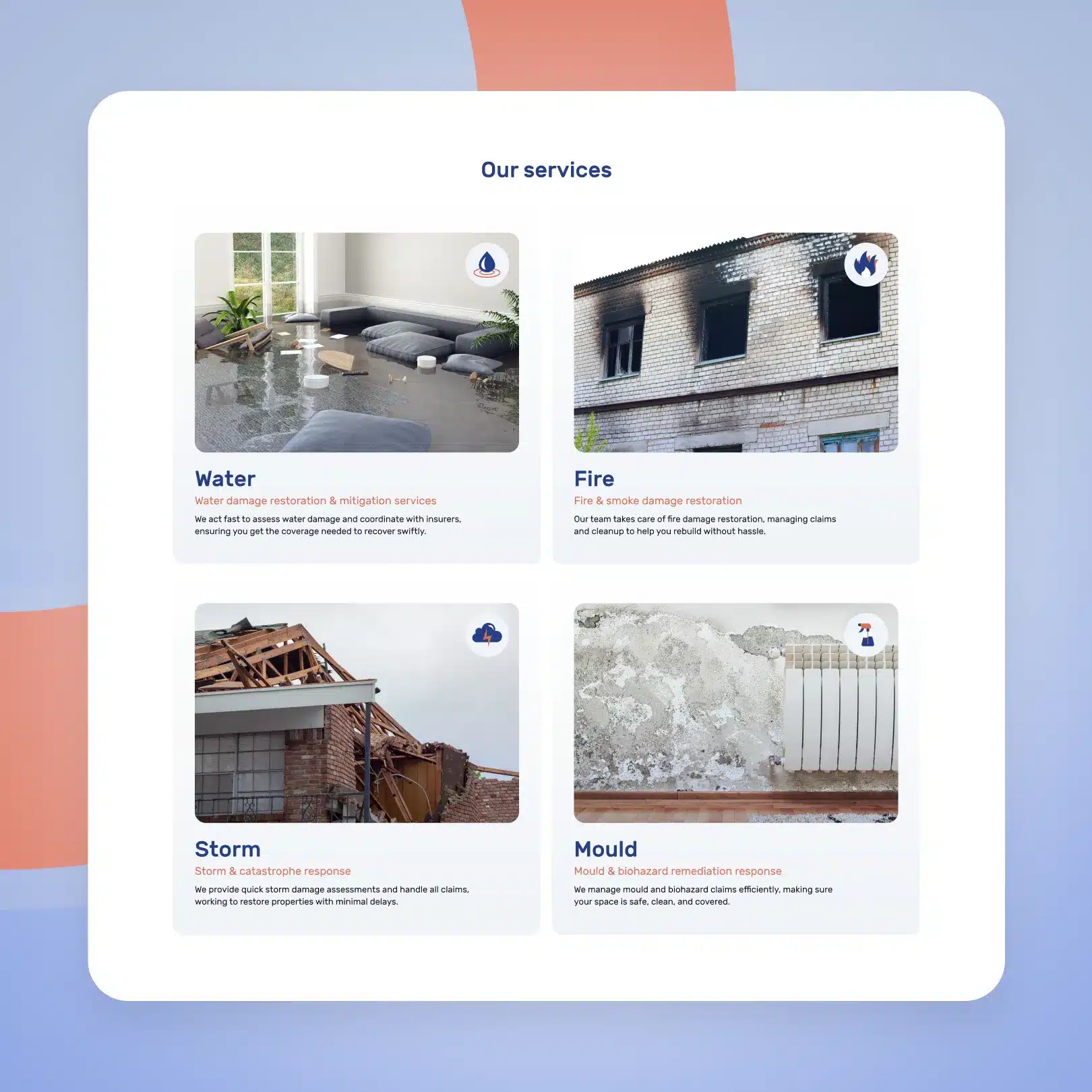 A service overview featuring four categories: Property Restoration for water damage in a living room, fire damage on a building, storm damage on a roof, and mould on an interior wall—all unified under one logo.
