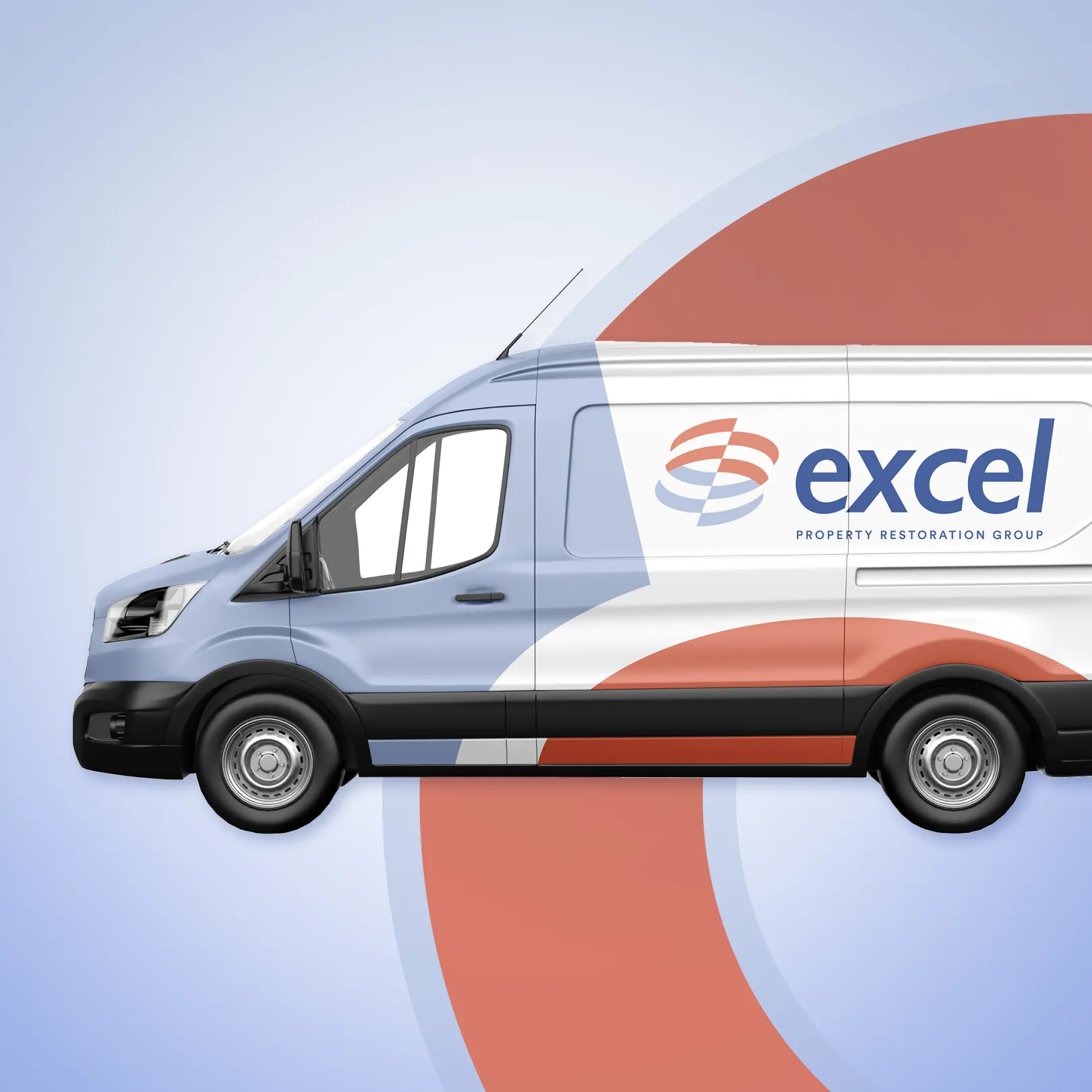 A white and blue van with “Excel Property Restoration Group” branding and distinctive logo design is parked against a background with curved red and blue graphic elements.