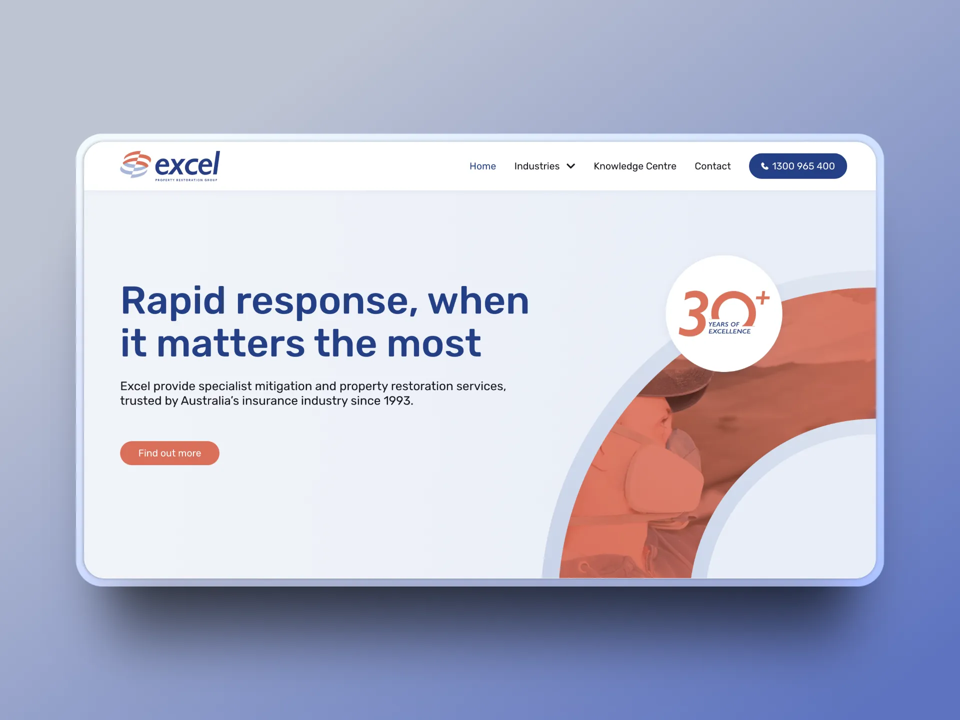 Website homepage for Excel featuring the tagline "Rapid response, when it matters the most," a description of property restoration services, contact details, and a graphic logo highlighting over 30 years of experience.