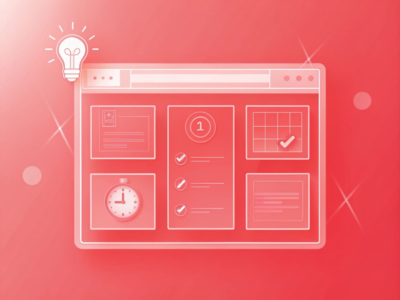 Illustration of an eCommerce website interface with icons for ideas, checklists, a timer, and a calendar—perfect for tracking costs or building a project timeline—set against a red gradient background.