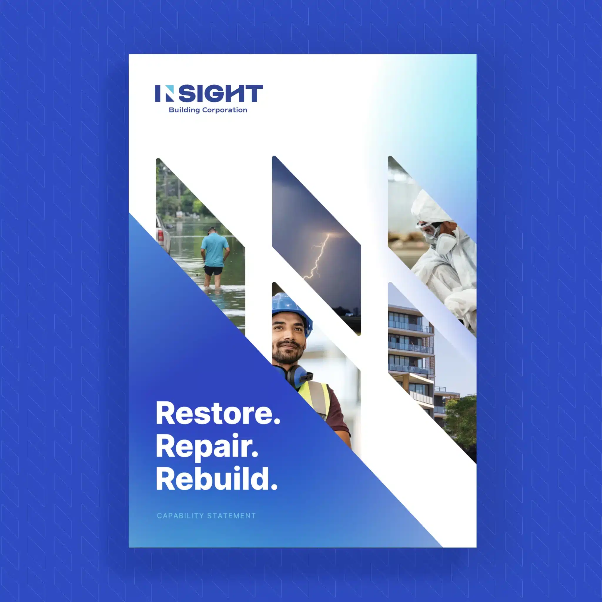 A brochure cover for Insight Building Corporation, an industry player, featuring diagonal photo cutouts of workers, flooding, and buildings, with the text "Restore. Repair. Rebuild." on a blue gradient background.