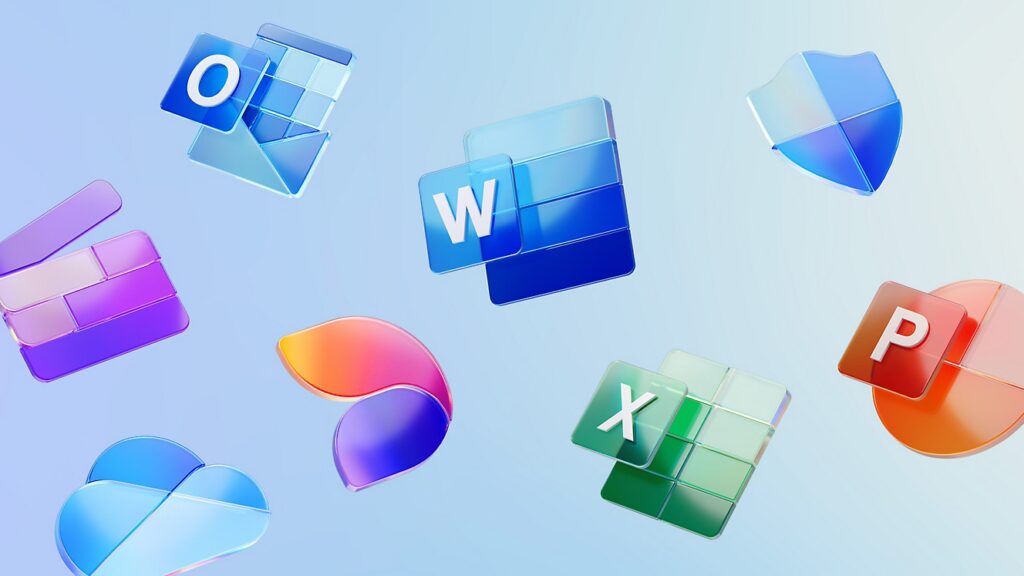 Colorful 3D icons with a Liquid Glass effect represent Microsoft Office applications—Outlook, Word, Excel, and PowerPoint—floating on a light gradient background, perfect for modern digital design projects.