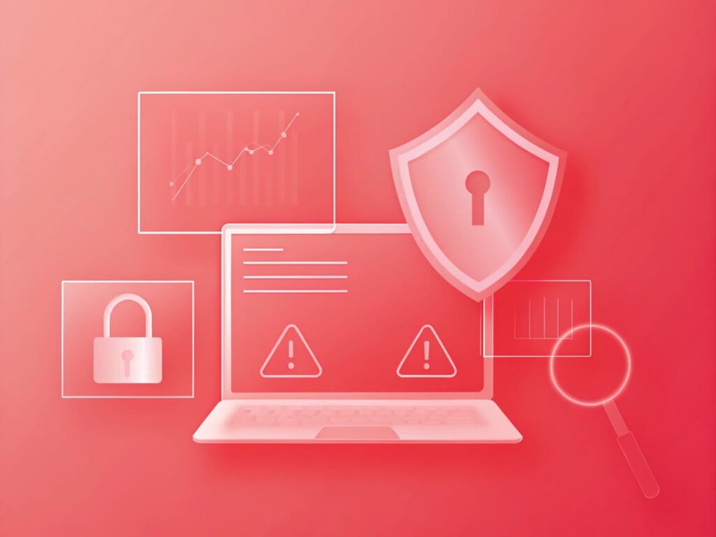 A laptop with warning symbols on the screen, surrounded by icons of a padlock, shield, graphs, and magnifying glass, representing ecommerce development and cybersecurity concepts for Australian business on a red background.