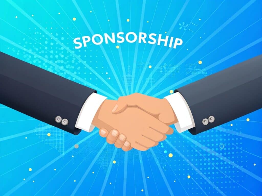 Two people in business suits shake hands under the word "Sponsorship" on a blue background with rays and dotted accents, illustrating the use of integrated marketing communication tools in real-world examples.