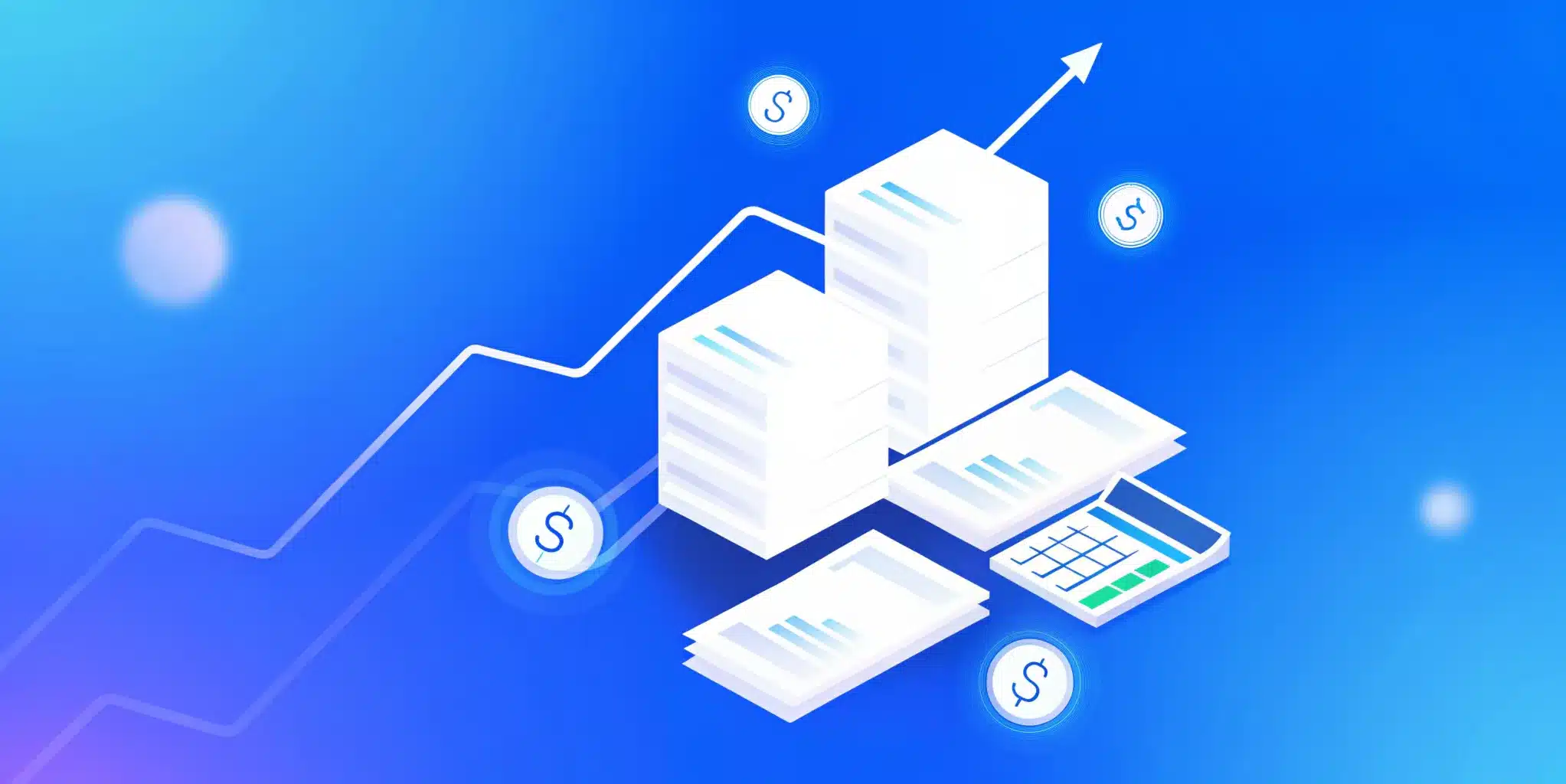 Illustration of data servers, documents, and a calculator with a rising graph line and dollar symbols, created in an Elementor style, representing financial growth and data analysis.