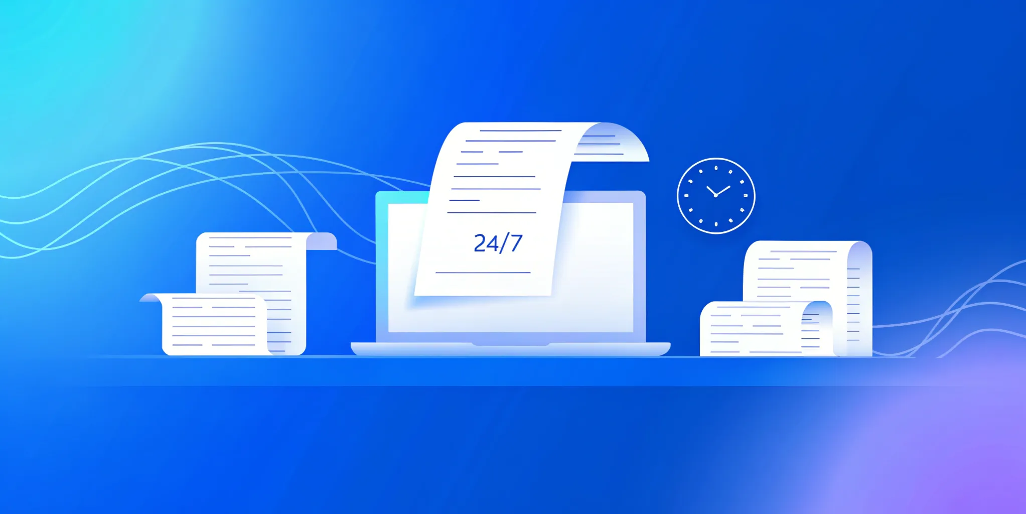 Illustration of a laptop with digital documents and a clock, suggesting 24/7 online services or document processing using Elementor, on a blue gradient background.