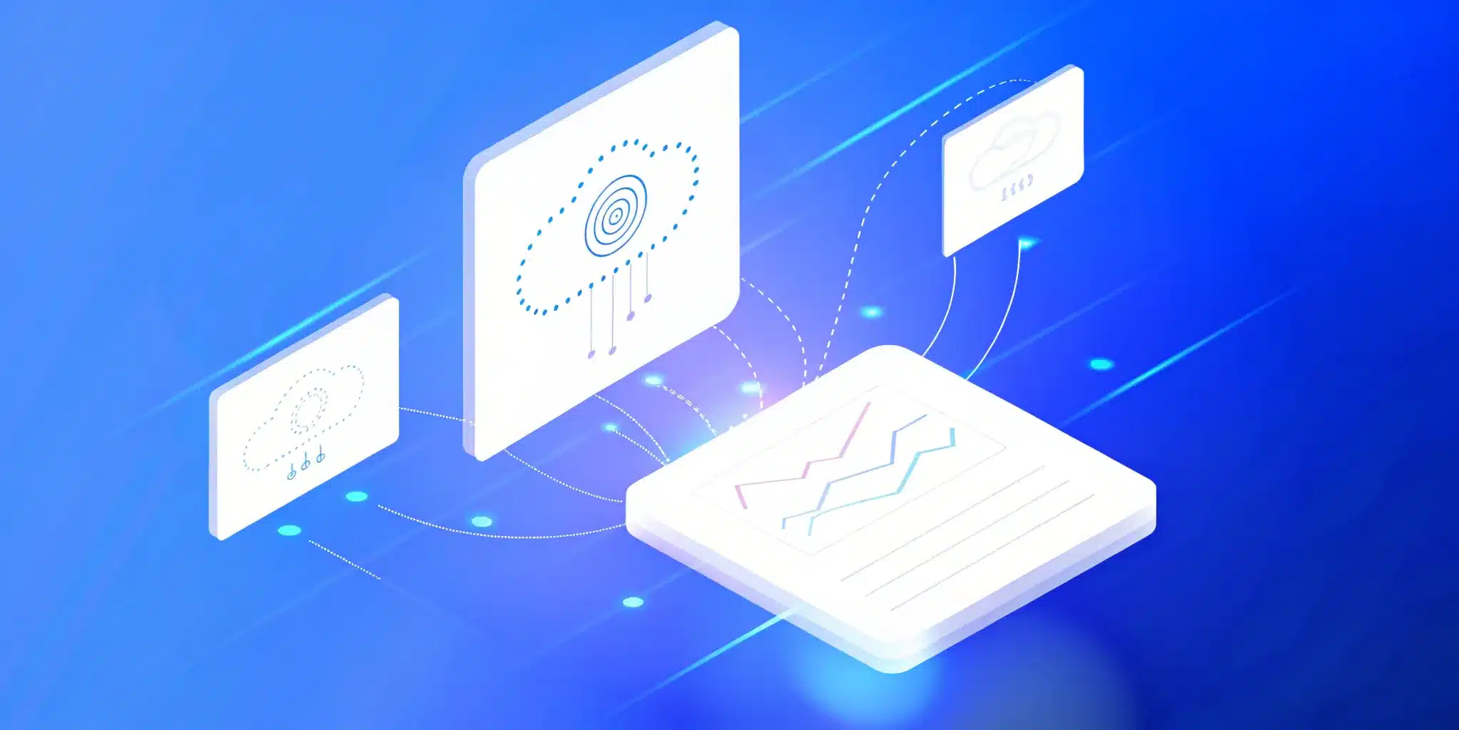 A digital illustration shows cloud icons and a data chart connected by dotted lines, symbolizing cloud computing, Elementor integration, and data connectivity on a blue gradient background.