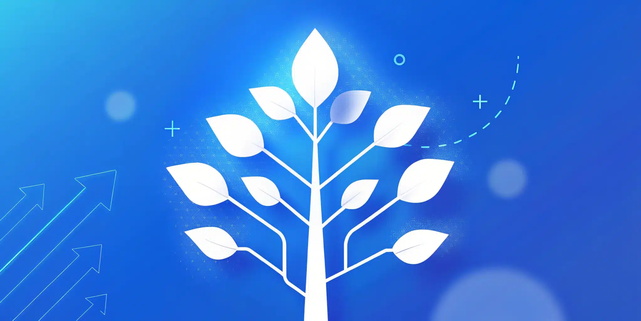 A stylized white tree with ten leaves is depicted on a blue background with abstract arrows and graphic Elementor elements.