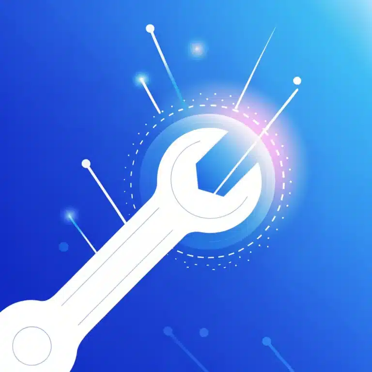 A white wrench icon over a blue gradient background with digital lines and glowing effects, representing technology or digital tools for SME and Enterprise Solutions.