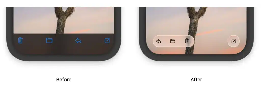 Comparison of a user interface before and after an update; buttons are separated in the "before" image and grouped in a rounded, Liquid Glass-style menu inspired by Apple's digital design in the "after" image.