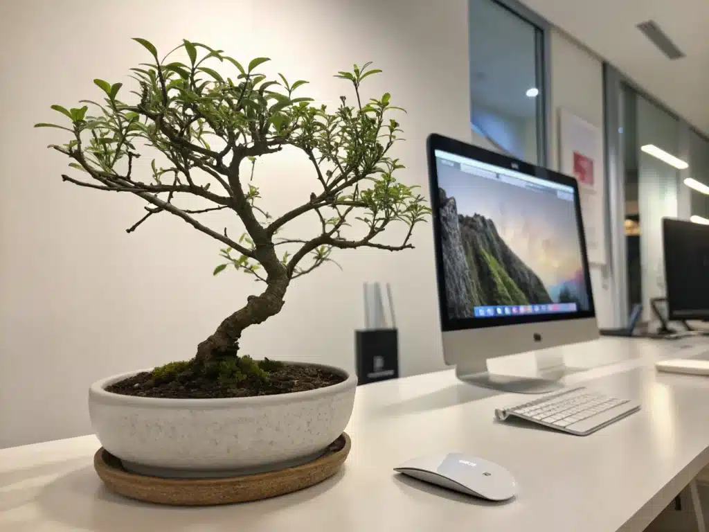 A potted bonsai tree sits on a desk next to an Apple iMac computer, keyboard, and mouse in a modern office setting, capturing the Future of Design where nature and AI-inspired technology harmoniously blend.