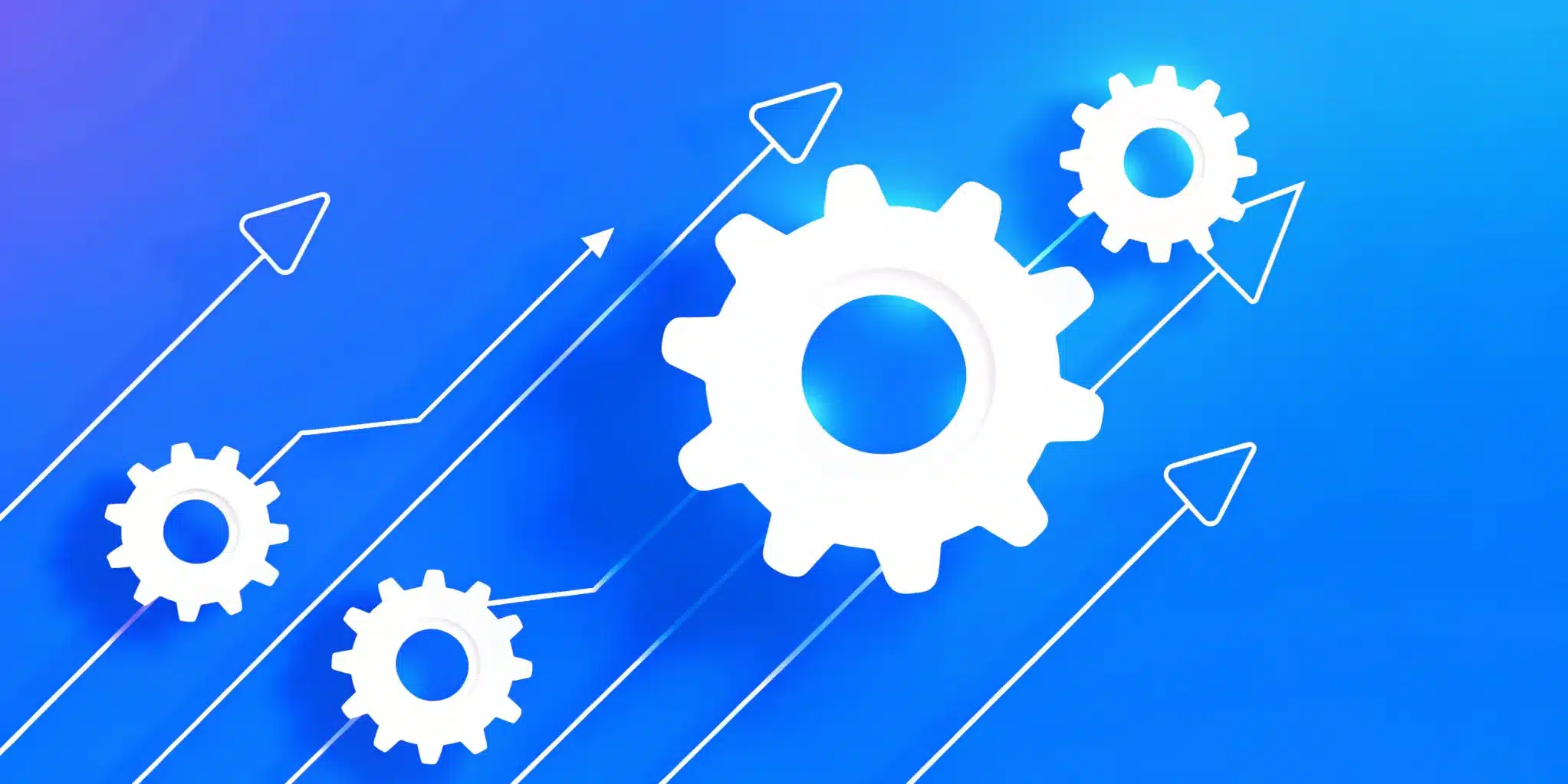 White gear icons and upward arrows on a blue gradient background represent progress and technological growth, perfectly complementing modern Elementor designs.