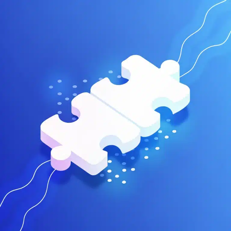 Two white puzzle pieces fitting together on a blue background, with abstract dots and lines surrounding them—symbolizing seamless enterprise solutions for SMEs or an AI automation agency's innovative approach.