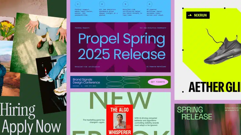 A collage of colorful website designs, event ads, and product promotions—highlighting the Future of Design with text like "Propel Spring 2025 Release" and "Hiring Apply Now.