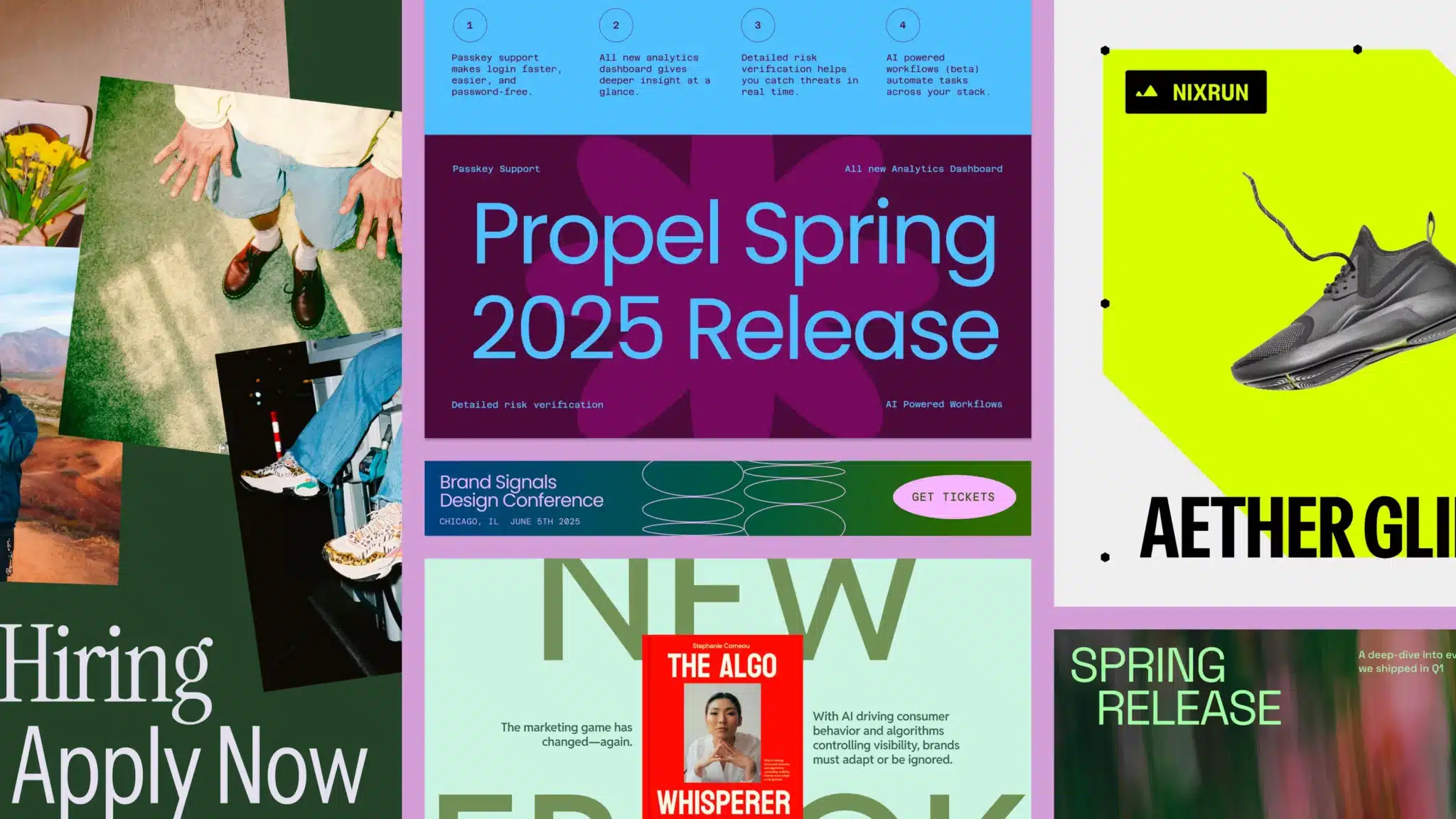 A collage of colorful website designs, event ads, and product promotions—highlighting the Future of Design with text like "Propel Spring 2025 Release" and "Hiring Apply Now.