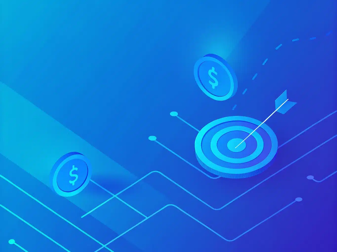 A blue-toned digital illustration shows a target with an arrow in the center, surrounded by dollar sign coins and abstract circuit lines—perfect for Sydney businesses eyeing a $20,000 tax write-off.