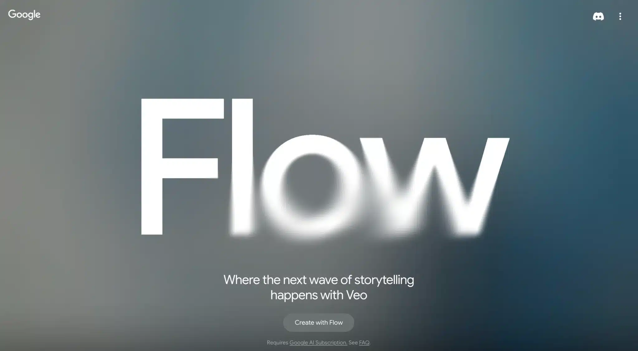 Large white text "Flow" with a blurred effect on a gradient background inspired by Apple's Liquid Glass; caption below reads, "Where the next wave of storytelling happens with Veo.