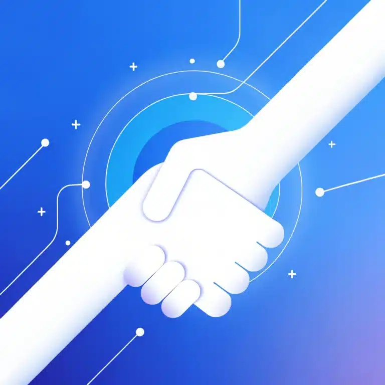 Two stylized hands shake against a blue background with circuit-like lines and dots, symbolizing technology, partnership, and the innovative enterprise solutions offered by an AI Automation Agency.