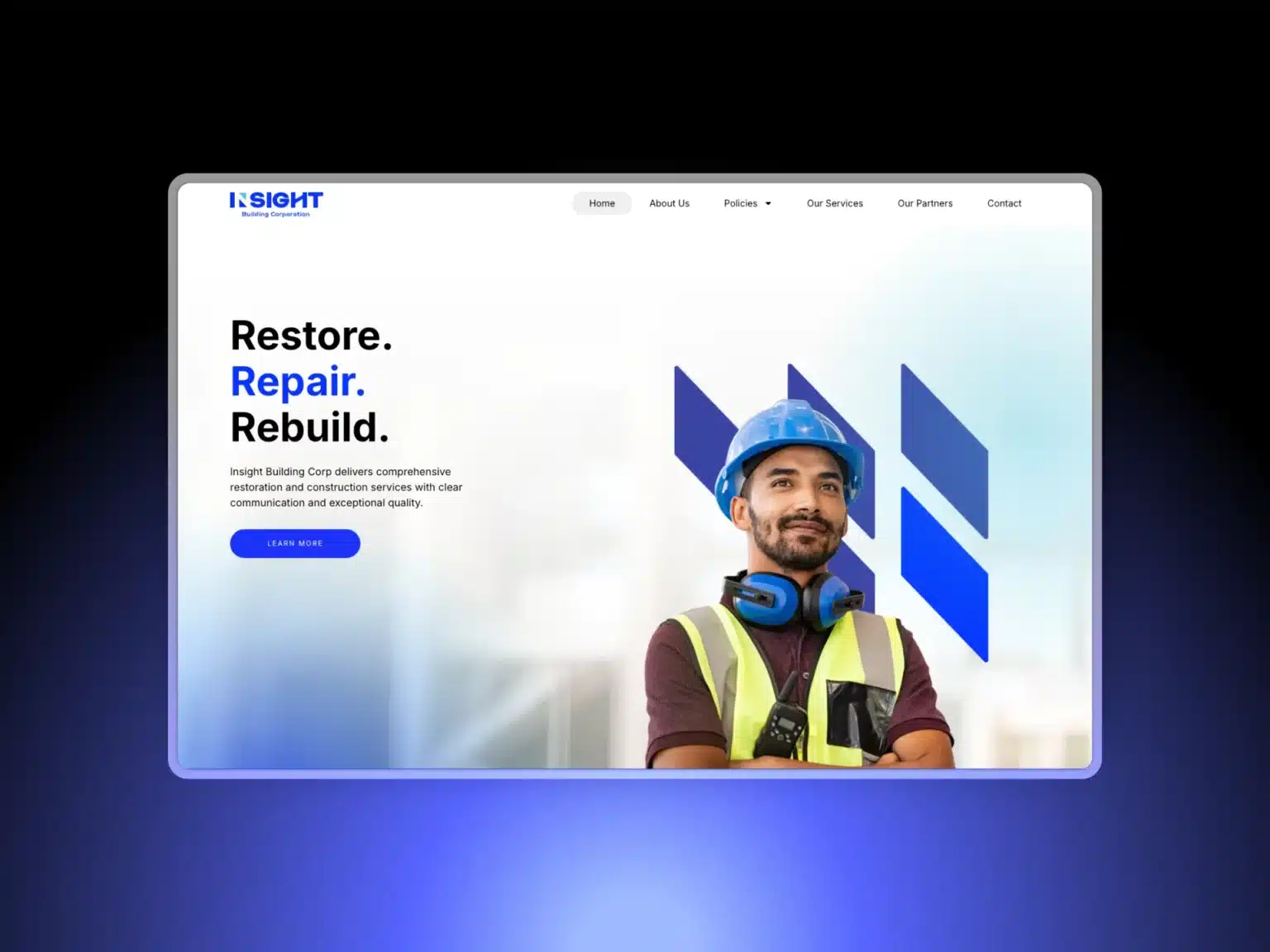 A construction worker in safety gear stands before a website banner for Insight Building Corporation that reads, "Restore. Repair. Rebuild."—building trust as a leading industry player, with navigation links visible at the top.