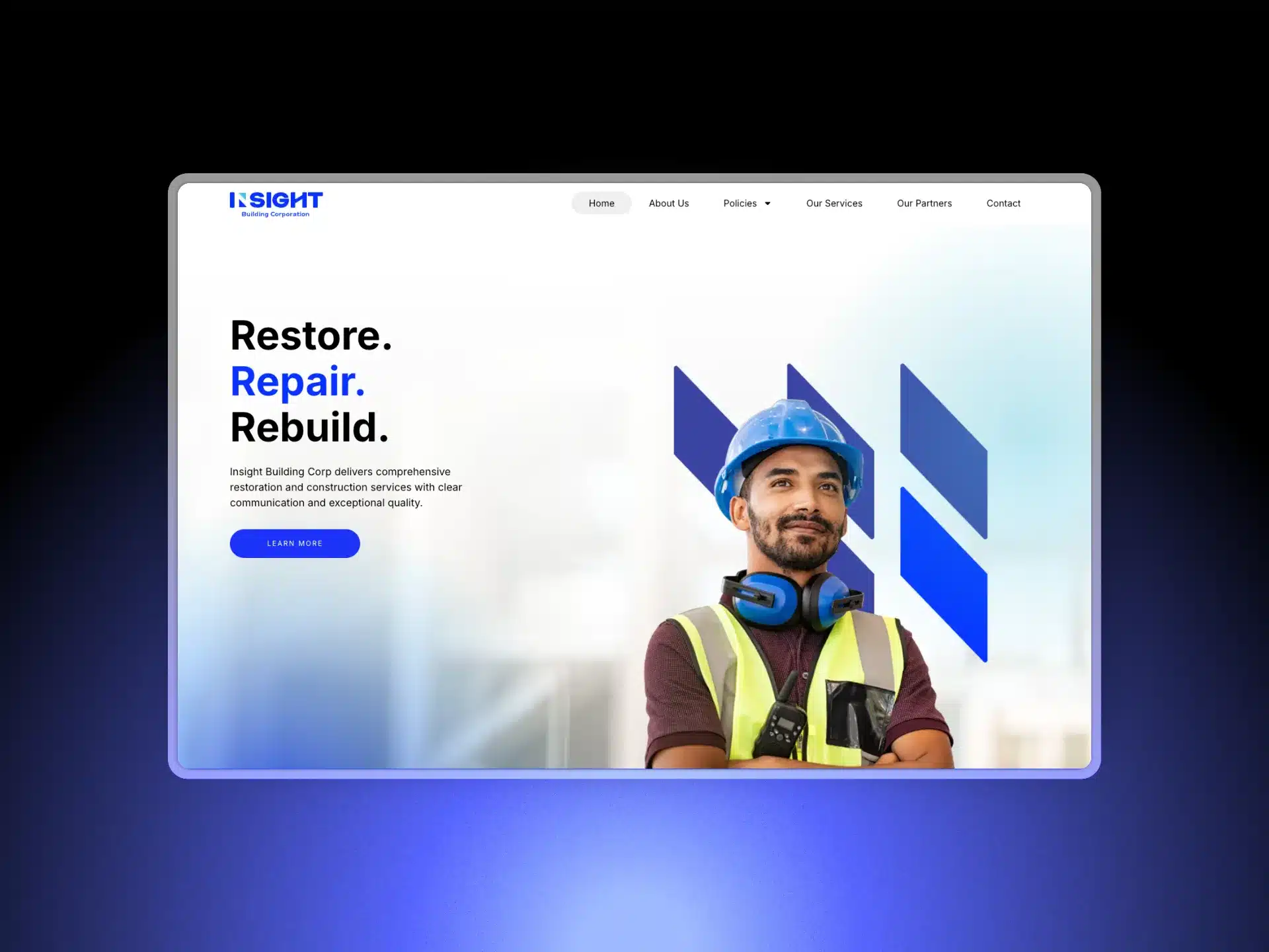 A construction worker in safety gear stands before a website banner for Insight Building Corporation that reads, "Restore. Repair. Rebuild."—building trust as a leading industry player, with navigation links visible at the top.
