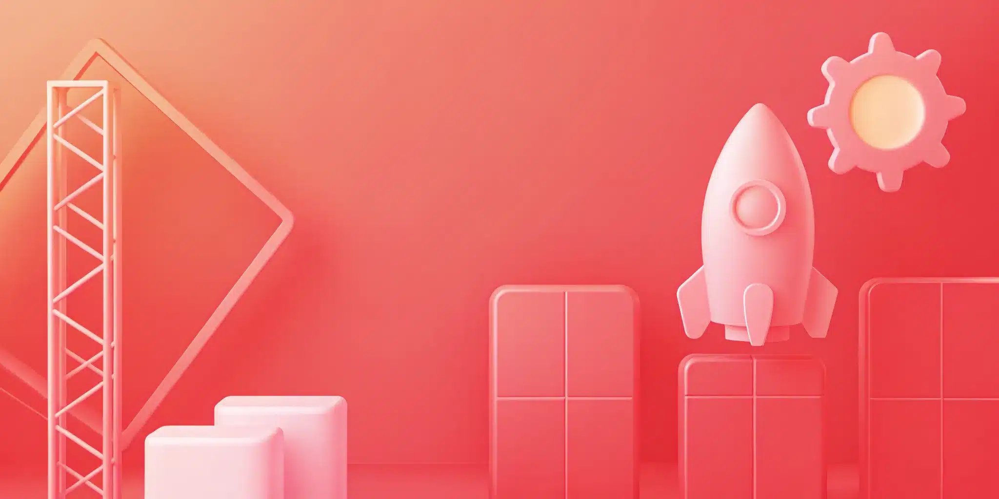 3D illustration featuring a rocket, gear, and blocks against a red background, symbolizing technology, innovation, and progress—perfect for showcasing Website Redesign Services.