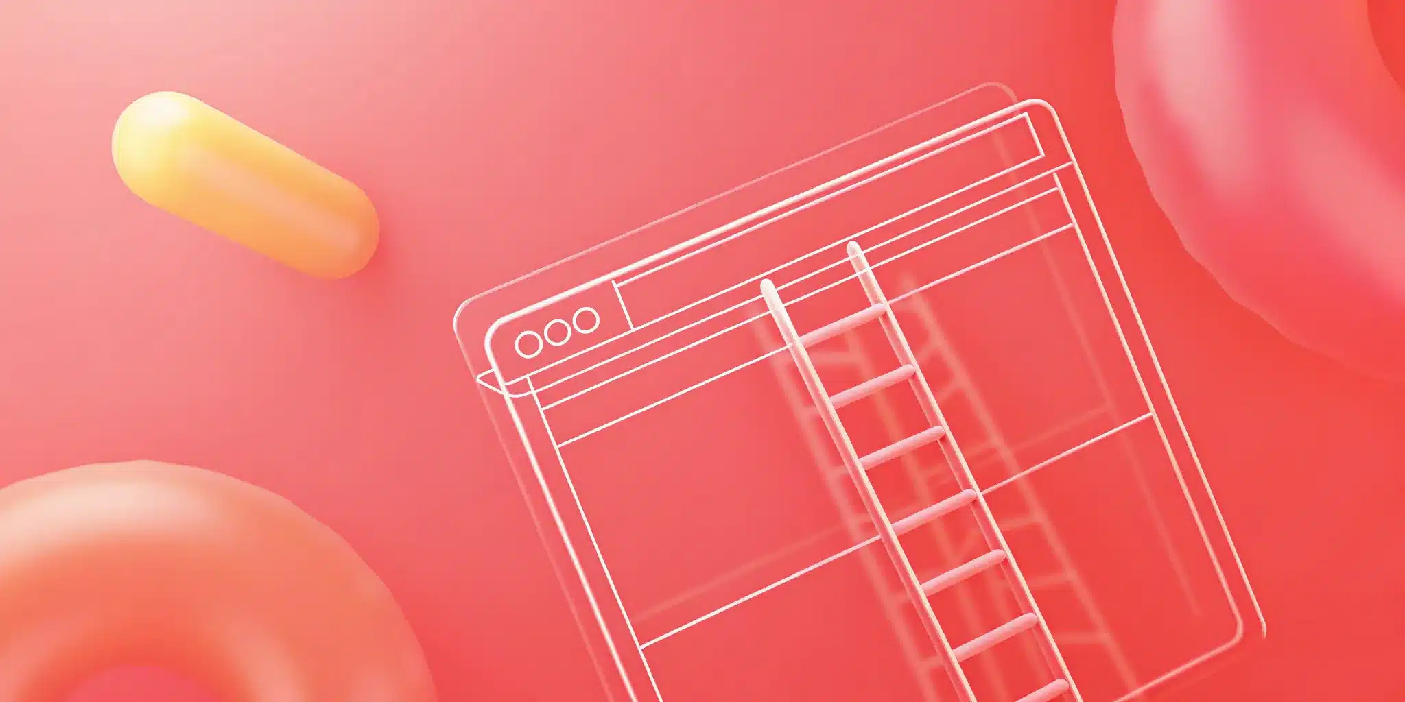 Abstract image with a ladder inside a web browser outline, set against a red background with floating pill and ring shapes, symbolizing the ascent and possibilities of Website Redesign.