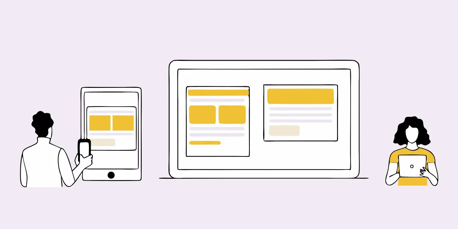 Illustration of two people using devices: one with a phone, one with a tablet, and a large laptop screen in the center displaying webpage layouts, highlighting the impact of AI Optimisation on modern website design.