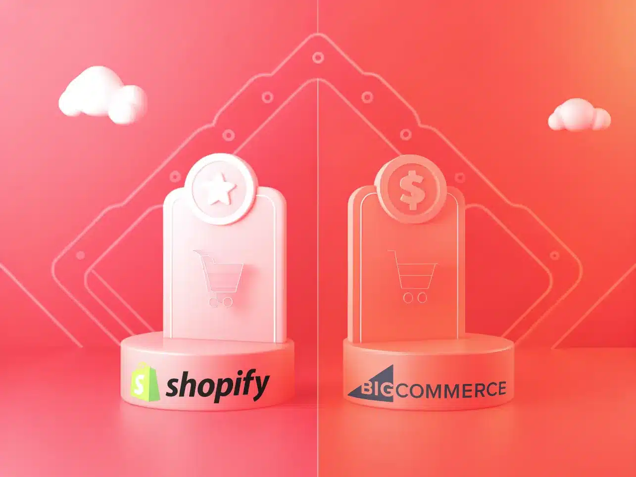 A 3D illustration showing two platforms labeled Shopify and BigCommerce on pedestals, each with shopping cart icons, highlights their appeal for Australian businesses against a pink background with clouds and geometric shapes.